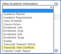 dropdown with "transcript: view unofficial" highlighted