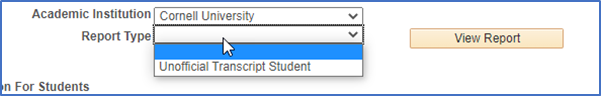 Report Type drop down, shows "Unofficial Transcript Student"
