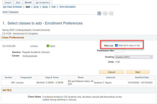 There is a checkbox next to "Wait List." Beside the checkbox is "Wait list if class is full."