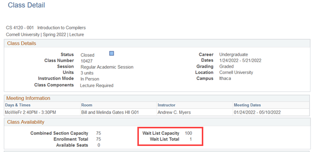 Under the Class Availability heading you'll see totals for "Wait List Capacity" and "Wait List Total"