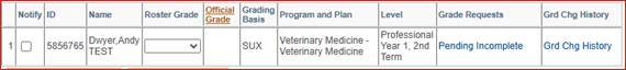 Two rows, eleven columns. The column names are: Count, Notify, ID, Name, Roster Grade, Official Grade, Grading Basis, Program and Plan, Level, Grade Requests, Grd Chg History. Under Grading Requests, the cell says Pending Incomplete. 