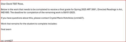 An email to a test student that reads "Below is the work that needs to be completed to receive a final grade for Spring 2025 ART 3091, Directed Readings in Art, IND 600. The deadline for completion of the remaining work is 08/01/2025. If you have questions about this, please contact Crystal Marie Hotchkiss (cmw427). Work that remains for the student to complete includes: final exam. cc: cmh427