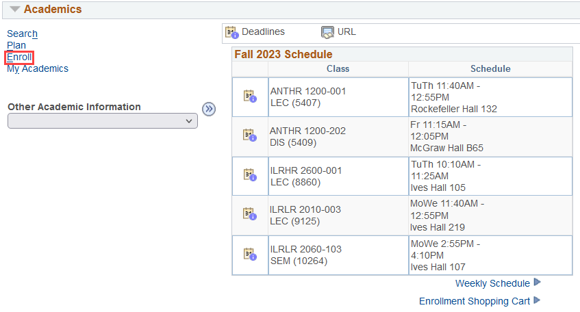 Academics Section of Student Center with red box around Enroll link.