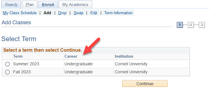 Enrollment Screen with a red arrow pointing to Select Term table radio buttons.