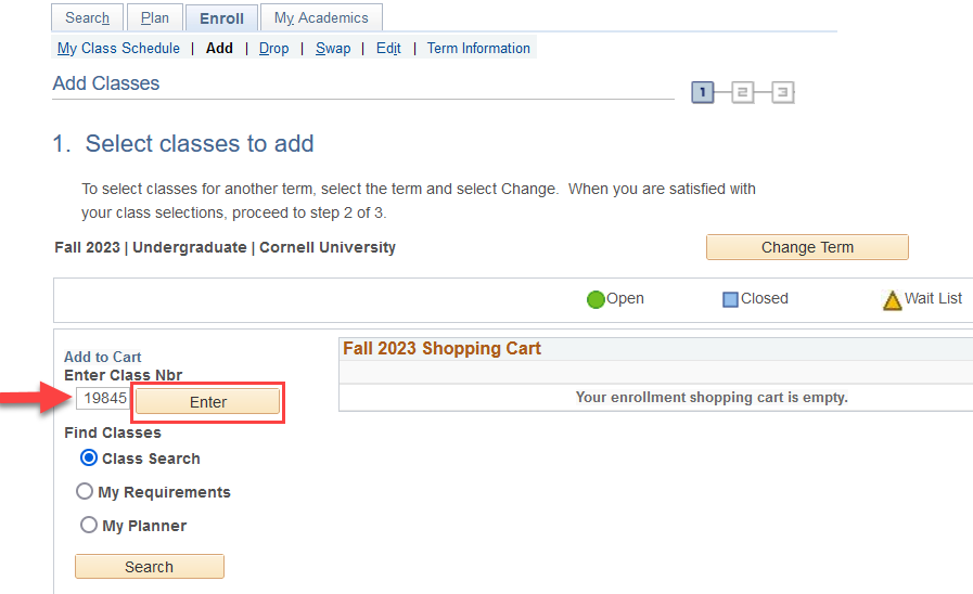 Select classes to add - Enrollment Preferences screen with red arrow pointing to Permission Nbr text box and red box around Next button.