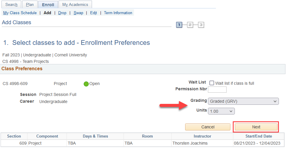 Select classes to add - Enrollment Preferences screen with red arrow pointing to Grading and Units dropdown and red box around Next button.
