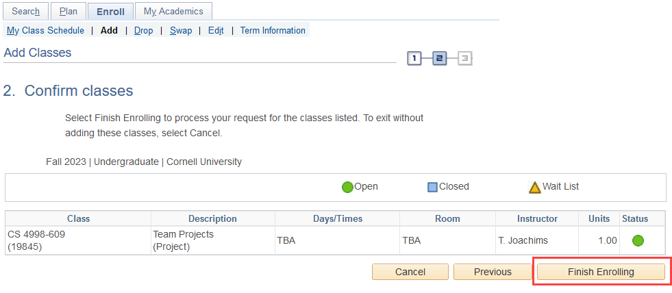 Confirm classes screen with red box around Finish Enrolling button.