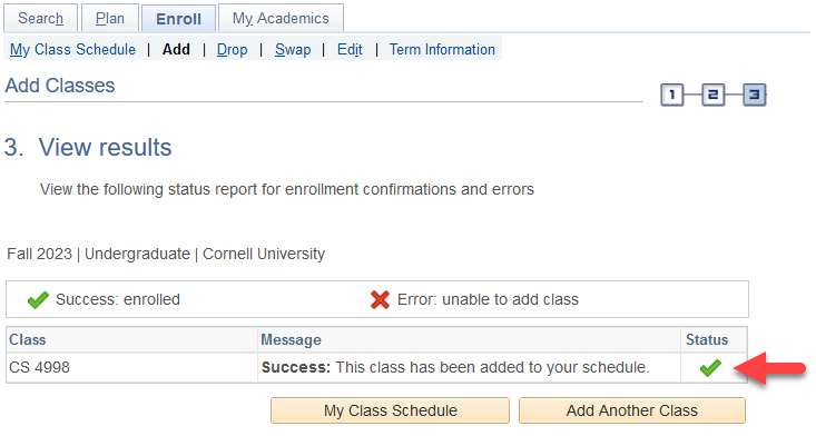 Access results screen with red arrow pointing to a green checkmark in the Status column.