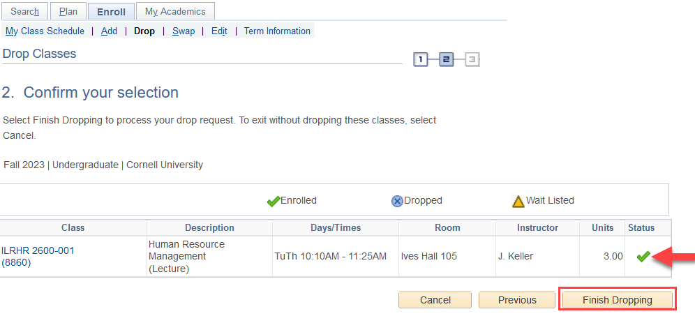 Confirm your selection screen with red arrow pointing to green checkmark in the table's Status column and red box around Finish Dropping button.