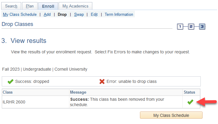 View results screen with red arrow pointing to a green checkmark in the table's Status column.