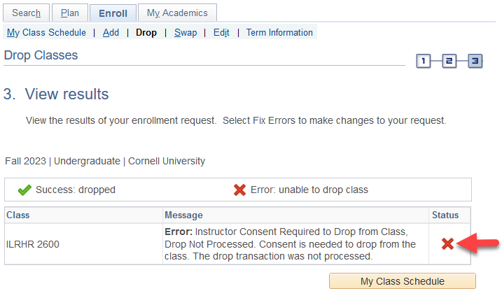 View results screen with red arrow pointing to a red X in the table's Status column.