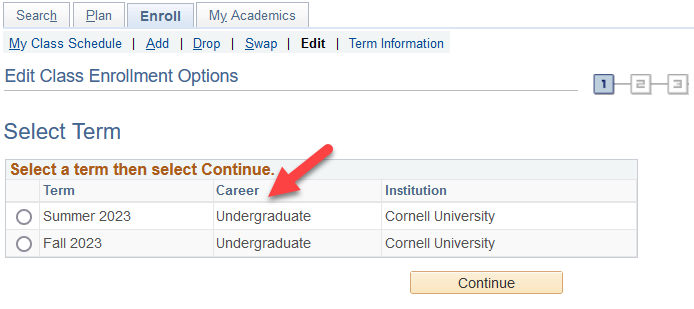 Enrollment Screen with a red arrow pointing to Select Term table radio buttons.