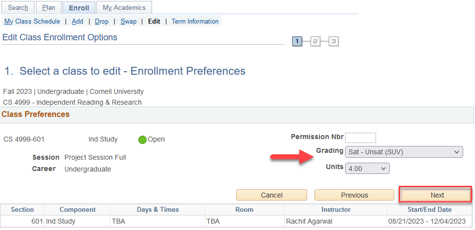 Select a class to edit -Enrollment Preferences screen with red arrow pointing to Grading and Units dropdown. Red box around Next button.