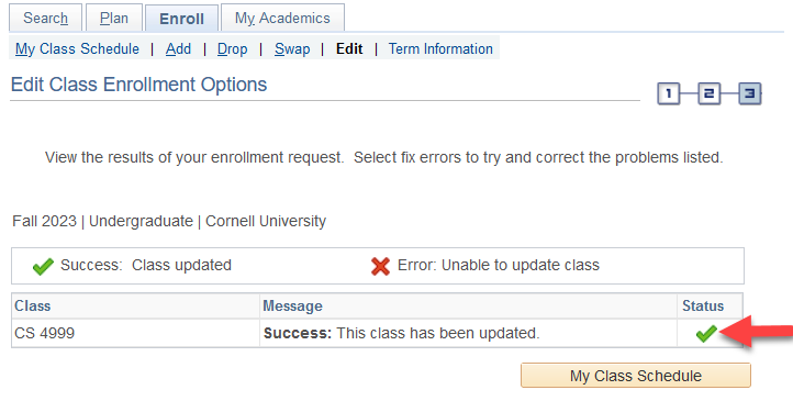 View results screen with red arrow pointing to a green checkmark in the Status column.