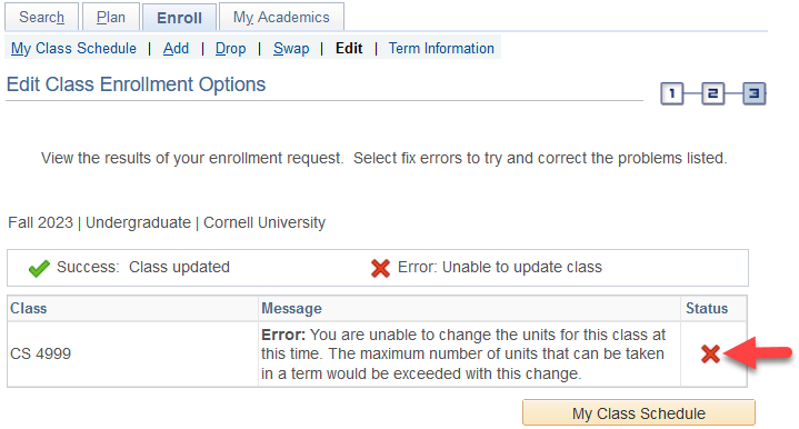 View results screen with red arrow pointing to a red X in the Status column.