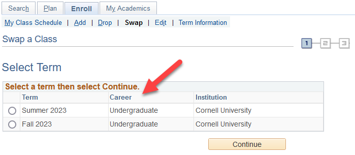 Enrollment Screen with a red arrow pointing to Select Term table radio buttons.