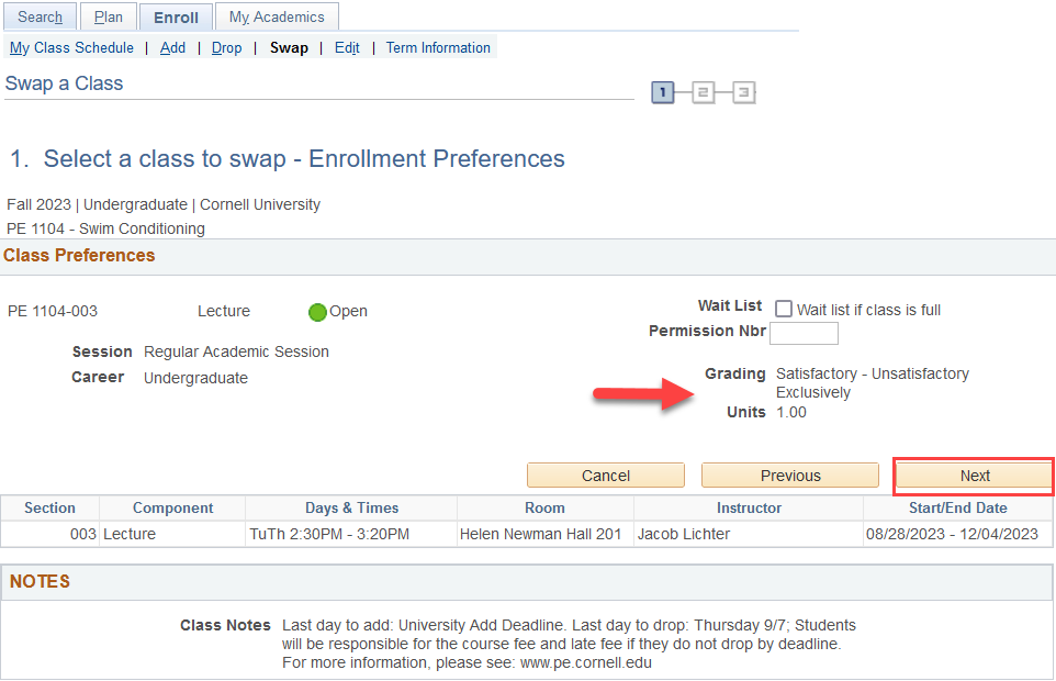 Select a class to swap-Enrollment Preferences screen with red arrow pointing to Grading and Units dropdown. Red box around Next button. 