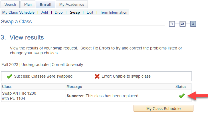 View results screen with red arrow pointing to a green checkmark in the table's Status column. 