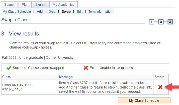 View results screen with red arrow pointing to a red X in the table's Status column.