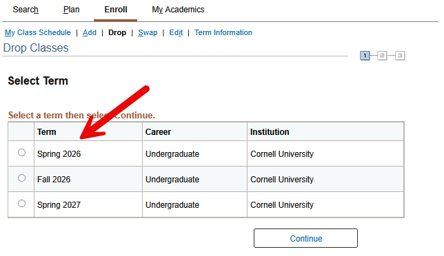 Enrollment Screen with a red arrow pointing to Select Term table radio buttons.