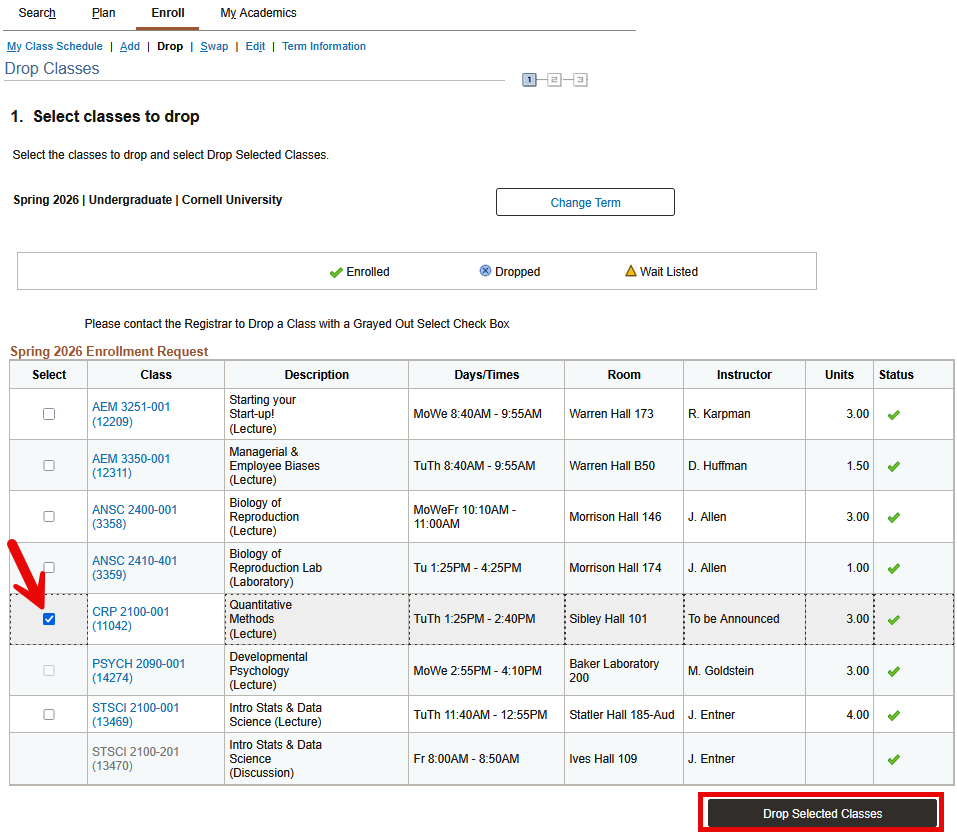Select classes to drop screen with red arrow pointing to checkboxes in the table's Select column.