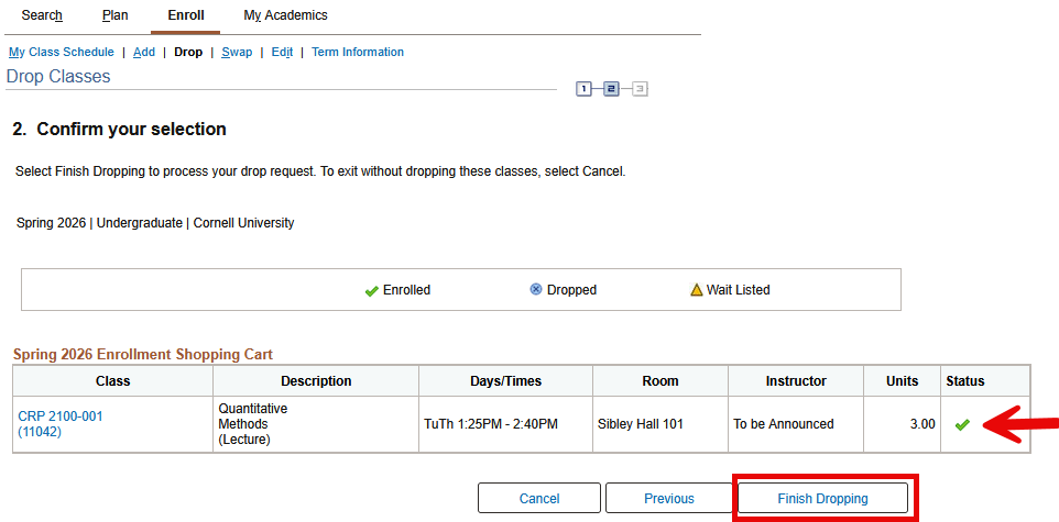 Confirm your selection screen with red arrow pointing to green checkmark in the table's Status column and red box around Finish Dropping button.