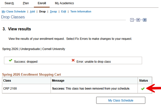 View results screen with red arrow pointing to a green checkmark in the table's Status column.