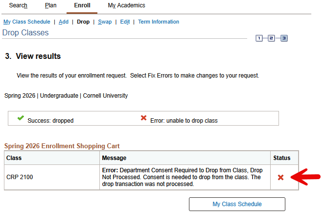 View results screen with red arrow pointing to a red X in the table's Status column.