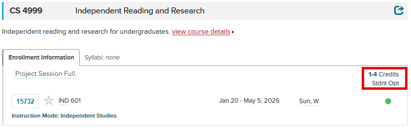 Class Roster view of CS 4999 with a red box around 1-4 Credits and Student Option.