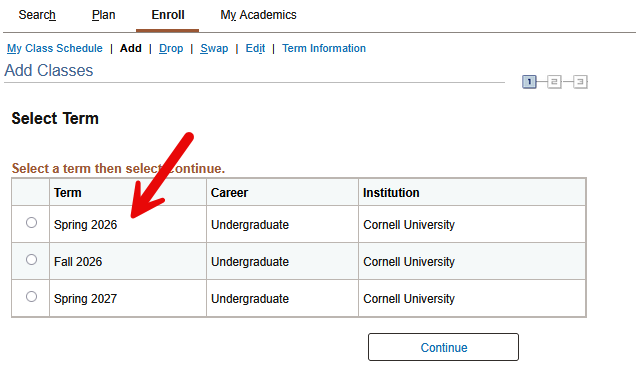 Enrollment Screen with a red arrow pointing to Select Term table radio buttons.