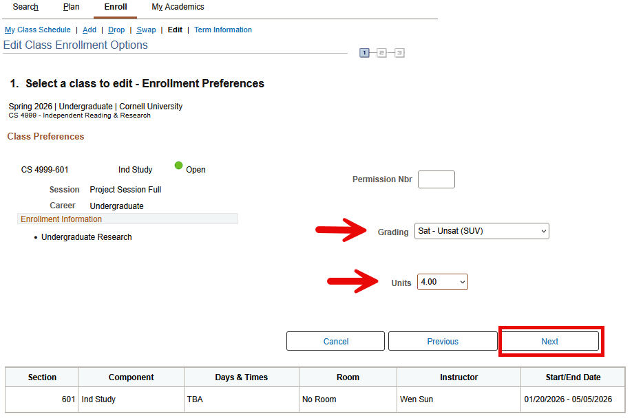 Select a class to edit -Enrollment Preferences screen with red arrow pointing to Grading and Units dropdown. Red box around Next button.