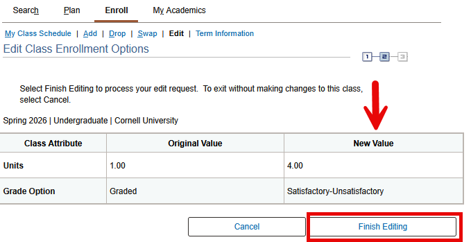 Edit Class Enrollment Options screen with red arrow pointing to table's new value column. Red box around Finish Editing button.