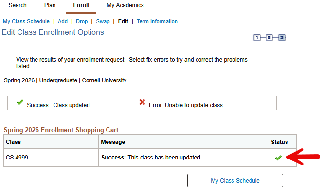 View results screen with red arrow pointing to a green checkmark in the Status column.