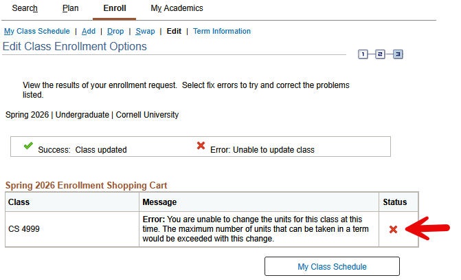 View results screen with red arrow pointing to a red X in the Status column.