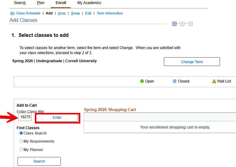 Select classes to add - Enrollment Preferences screen with red arrow pointing to Enter Class Nbr text box and red box around Enter button.