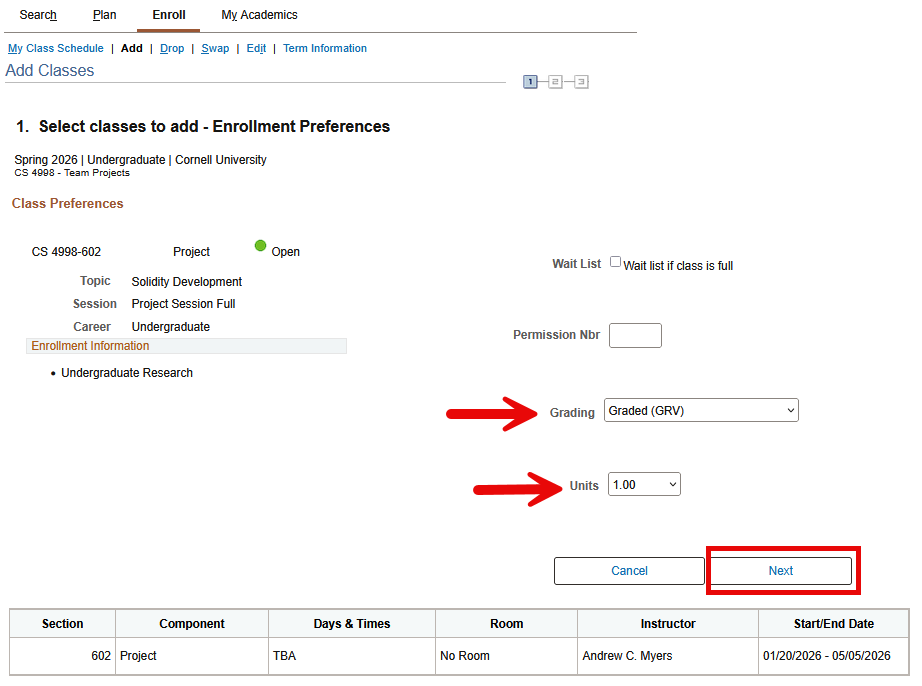 Select classes to add - Enrollment Preferences screen with red arrow pointing to Grading and Units dropdown and red box around Next button.
