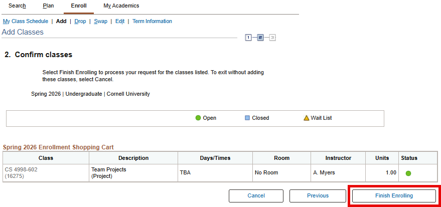 Proceed to Step 2 of 3 button. Confirm classes screen with red box around Finish Enrolling button.
