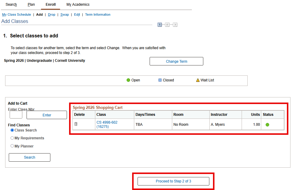 Select classes to add screen with red box around 'Spring 2026 Shopping Cart' table and Red box around 