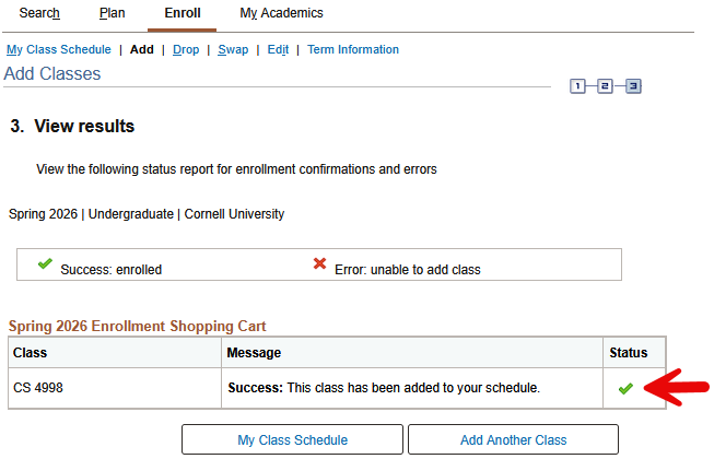 Access results screen with red arrow pointing to a green checkmark in the Status column.