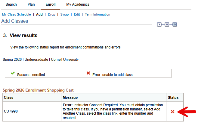 Access results screen with red arrow pointing to a red X in the Status column.