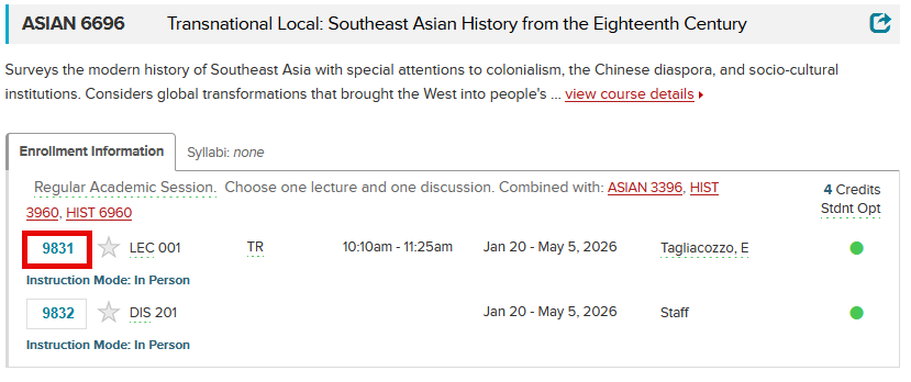 Class Roster view of ASIAN 6696 with a red box around a set of numbers on the left side of the Enrollment Information box.