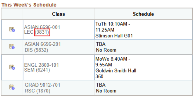 This Week's Schedule table in the Academics Section of Student Center. Red box around numbers in parenthesis in the table's class column, ASIAN 6696 row.