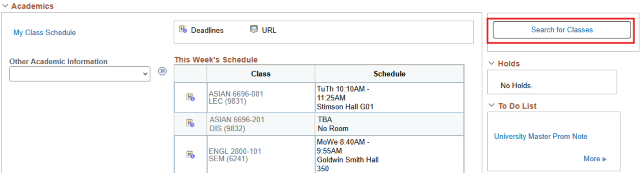 Academics Section of Student Center with red box around Search link.