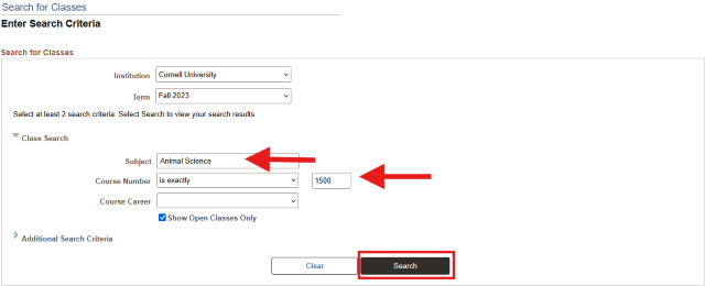 Enter Search Criteria screen with red arrows pointing to 1) Subject dropdown and 2) Course Number text field. Red box around Search button.