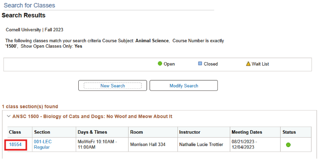 Search Results screen with red box around value in table's class column.