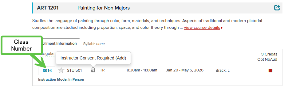 Class Roster view of ART 1201 with a red box around a set of numbers on the left side of the Enrollment Information box.