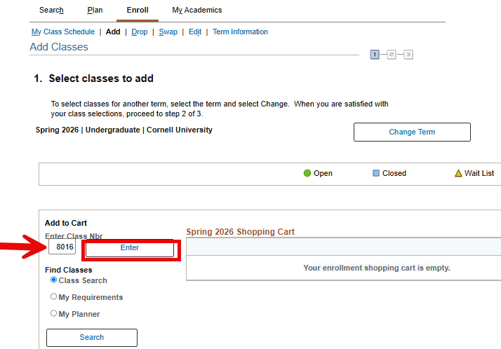Select classes to add - Enrollment Preferences screen with red arrow pointing to Enter Class Nbr text box and red box around Enter button.