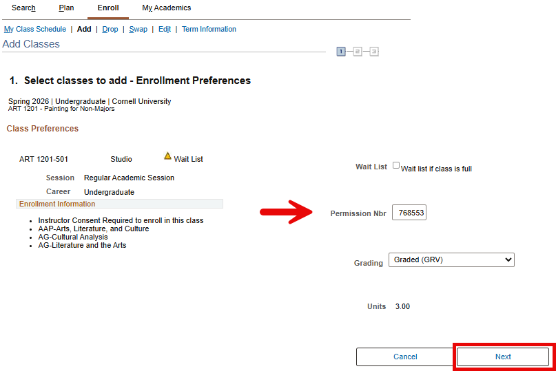 Select classes to add - Enrollment Preferences screen with red arrow pointing to Permission Nbr text box and red box around Next button.
