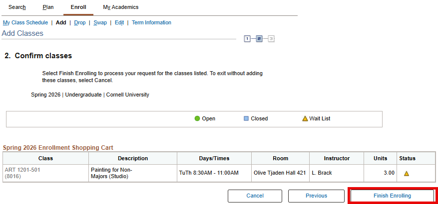 Confirm classes screen with red box around Finish Enrolling button.