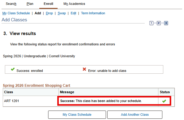 View results screen with red box around the table's message and status column cells.